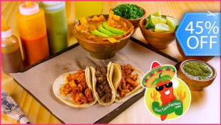 Combo Mexicano Familiar Para Llevar: 3 Sopas de Tortilla + 9 Tacos de Especialidad + 3 Naranjadas 