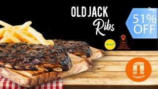 ¡Para Llevar o Domicilio! 2 Libras de Costillas Old Jack, Papas Fritas, Guarniciones, Bebidas, Postres y Más.