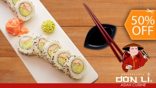 [Imagen:Don Li: 5 Rollos de Sushi + Wantanes de Pollo + Pichel de Té Helado]