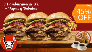 [Image: 3 Hamburguesas XL + 3 Papas + 3 Sodas + 2 Porciones de Budín + 2 Cafés Americanosm]