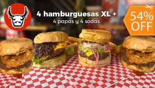 [Image: Punta Toro: 4 Hamburguesas XL+ 4 Papas + 4 Sodasm]