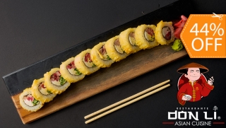 [Image: Menú para 2 en Don Li: 2 Sushi Rolls a Elección + Wantanes de Pollo + Postre + Pichel de Té Heladom]