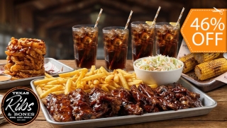 [Image: ¡Ribs &amp; Bones! 4 Lbs de Riblets + Ensalada de Col + Papas Fritas + Maíz Dulce + Aros de Cebolla + 4 Bebidasm]