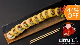 [Image: Menú para 2 en Don Li: 2 Sushi Rolls a Elección + Wantanes de Pollo + Postre + Pichel de Té Heladom]