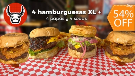 [Image: Punta Toro: 4 Hamburguesas XL+ 4 Papas + 4 Sodasm]