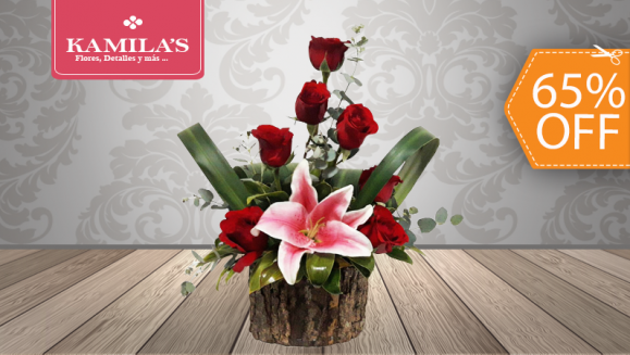 [Imagen:¡Paga $23 en Lugar de $65 por Hermoso Arreglo de Flores con: 7 Rosas + 1 Lirio + Base de Madera!]