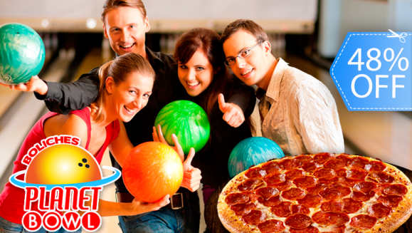 [Imagen:¡Paga Q125 en vez de Q240 por 1 Hora de Boliche hasta para 5 Personas + Pizza Mediana de 12" a Elección!]