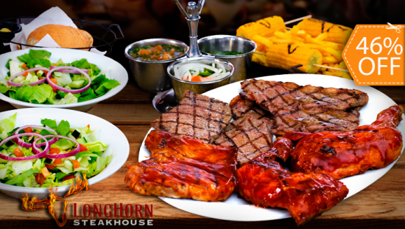 [Image: ¡Paga $33.95 en Lugar de $62.95 por Parrillada para 4 que Incluye: 2 Libras de Pollo + 1 Libra de Lomo de Cerdo + 1 Libra de Churrasco + Bowl de Ensalada + Salsas de la Casa + Papas Fritas o Asadas + Pan con Mantequilla y Pichel de Soda o Té Helado!m]