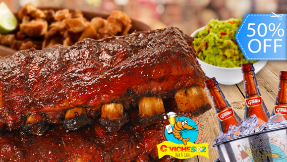 [Image: ¡Paga Q110 en lugar de Q220 por ½ Lb. Costillas Picantes o Barbacoa + ½ Lb.  Carnitas + Tortillas + Guacamole + Picado de Rábano + Cubetazo de Cervezas Gallo o Corona o Gaseosas!m]