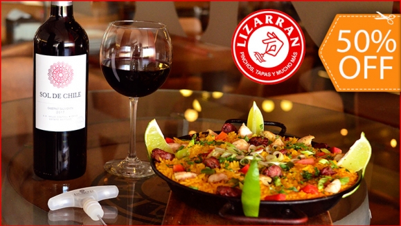 [Image: ¡Paga $18 en Lugar de $36 por Menú para Llevar que Incluye: 1 Paella de Carnes para 2 Personas + 1 Botella de Vino Sol de Chile, Merlot o Cabernet!m]