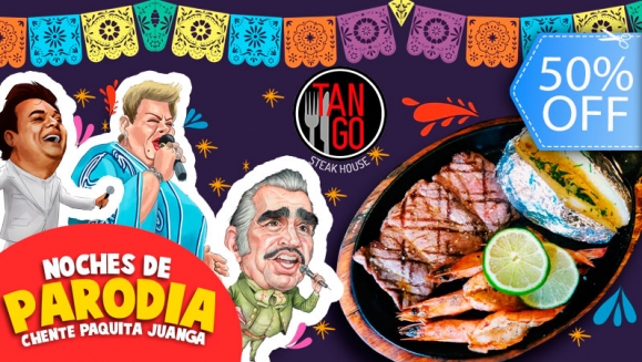 [Image: ¡Paga Q189 en lugar de Q380 por Cena Mar y Tierra para 2 que Incluye: 8 Onzas de Lomito + 8 Onzas de Camarones + 2 Papas al Horno + 2 Bebidas Naturales + 2 Entradas al Show de Parodia de Juan Gabriel, Paquita la del Barrio y Vicente Fernández!m]