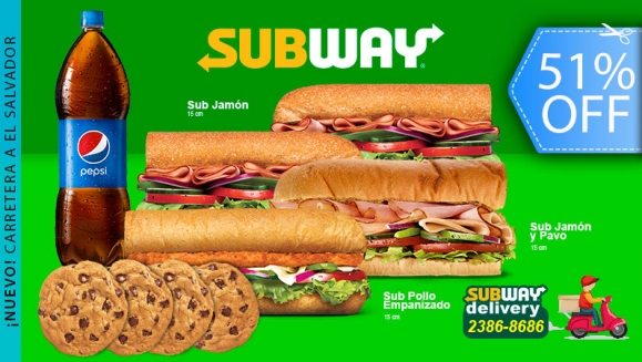 [Image: ¡SUBWAY a Domicilio! ¡Paga Q75 en lugar de Q153 por 4 Subs de 15 cms: 1 Sub de Pollo Empanizado + 2 Subs de Jamón + 1 Sub de Jamón y Pavo + 4 Galletas + 1.75 lts. de PEPSI!m]