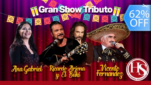 Image of 4 Entradas para Show Musical con Tributo a Vicente Fernández, Ana Gabriel, Ricardo Arjona o El Buki + Picherl de Cerveza y Carpaccio