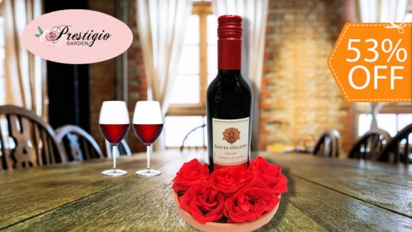 [Image: ¡Paga $28 en Lugar de $60 por Lindo Arreglo de 4 Rosas Preservadas + Botella de Vino Tinto!m]
