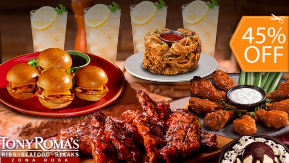 [Image: ¡Paga $33.56 en Lugar de $61.01 por 2 Ordenes de Short Ribs + 1 orden de Mini Chicken Sliders + 1 Orden de Alitas + 1 Entrada de Onion Loaf o Ensalada de La Casa + 1 Skillet Brownie + 4 Limonadas!m]