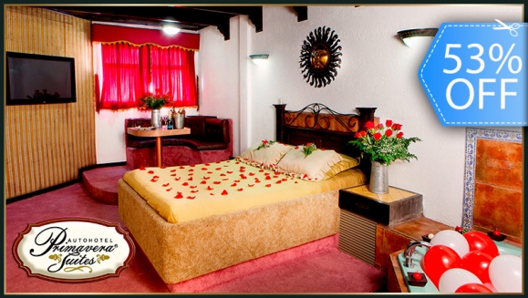 [Image: ¡Romántica Experiencia! ¡Paga Q295 en vez de Q630 por 3 Horas de Alojamiento en Suite de Lujo con Jacuzzi e Hidromasaje + Decoración Deluxe: 1 Docena de Rosas, Velas, Aromaterapia, Baño de Espuma, Globos Rojos + KIT DE AMENIDADES + Vale de descuentom]