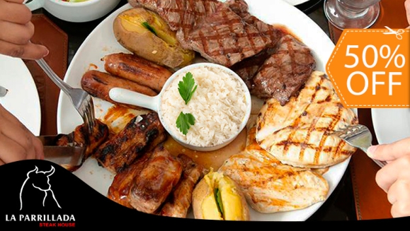 [Image: ¡Paga $16.50 en Lugar de $33 por Parrillada para 2-3 Personas que Incluye: 8 Onzas de Carne +8 Onzas de Pollo + 8 Onzas de Costilla de Cerdo + 8 Onzas de Chorizo + 2 Guarniciones a Elección entre Vegetales, Papa, Ensalada o Arroz + 2 Sodas!m]