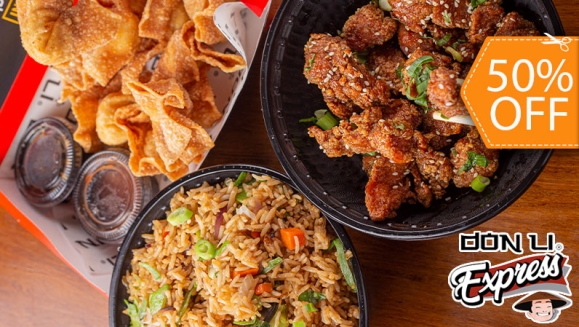 [Image: ¡Paga $13.24 en Lugar de $26.47 por Pollo Kung Pao o Teriyaki + 1 Orden de Wantán de Pollo + 1 Orden de Arroz Cantones Vegetariano + 1 Pichel de Té Verde!m]