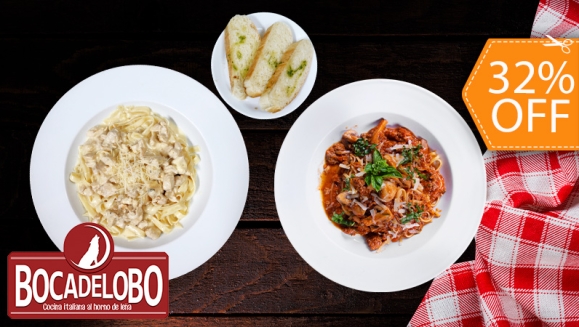 [Image: ¡Paga $17 en Lugar de $25 por Almuerzo con 2 Platos de Pasta a Elección (Al Horno o Tradicional) en Salsa Alfredo con Pollo o Bolognese + Ensalada de La Casa + 2 Sodas o Té de Limón!m]