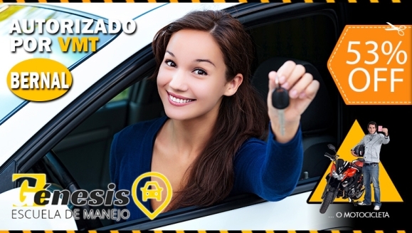 [Image: ¡Paga $70 en Lugar de $150 por 10 Clases Prácticas en Carro Sedan Estándar o Motocicleta + 5 Clases Teóricas + 1 Clase de Mecánica Básica + 20% de Descuento en Trámite de Licencia en Génesis Bernal!m]