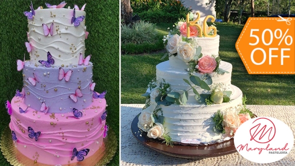 Tarta decorada con rosas de tres colores