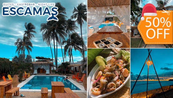 [Image: ¡Paga $15 en Lugar de $30 por Day Pass para 2 Personas Consumible en el Menú de Cócteles, Ceviches y Todas Las Bebidas y Con Acceso a La Piscina y La Playa en Escamas, La Libertad!m]