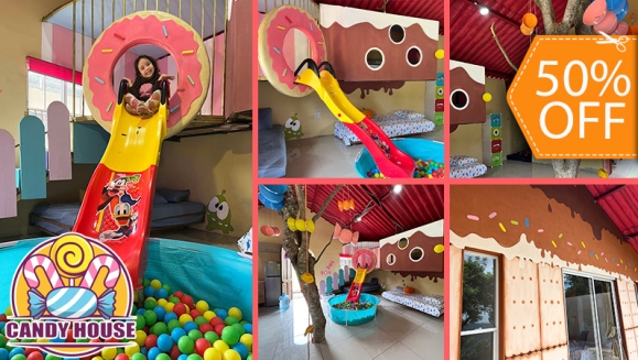 [Image: ¡Paga $75 en Lugar de $150 por Estadía de 1 Noche en Cabaña Temática "Candy House" para 2 Adultos y 3 Niños!m]