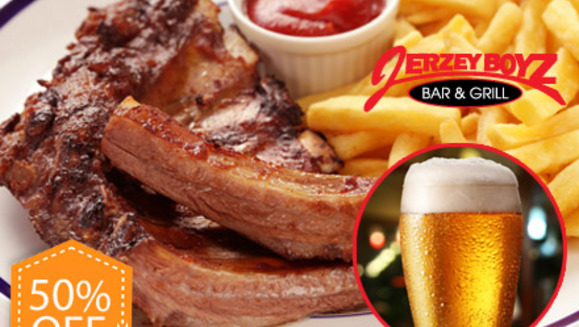 [Image: ¡Paga $12 en lugar de $24 por 2 órdenes de Baby Back Ribs (1/2 rack) + 2 cervezas nacionales o 2 sodas en Jerzey Boys Bar &amp; Grill!m]
