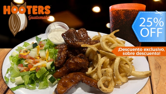 [Image: ¡Paga Q49 en Lugar de Q65 por Combo Individual “Wings Hootie Lunch” que Incluye: 1 Orden de 5 Alitas + Curly Fries + Garden Salad + Aderezo + Bebida de 16 Onzas!m]