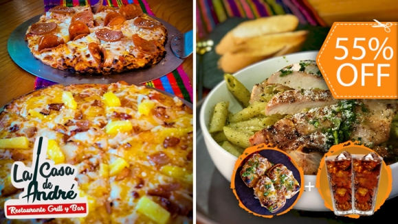 [Image: ¡Paga $14 en Lugar de $30.90 por 2 Platos de Pastas a Elección (Boloñesa, Pollo, Camarones o al Pesto con Pollo) y/o Pizzas a Elección (Hawaiana o Di Manzano) +  Pan con Ajo + 2 Sodas!m]