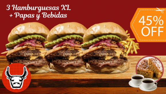 [Image: ¡Paga $23.90 en Lugar de $43.75 por 3 Hamburguesas XL + 3 Papas + 3 Sodas + 2 Porciones de Budín + 2 Cafés Americanos!m]