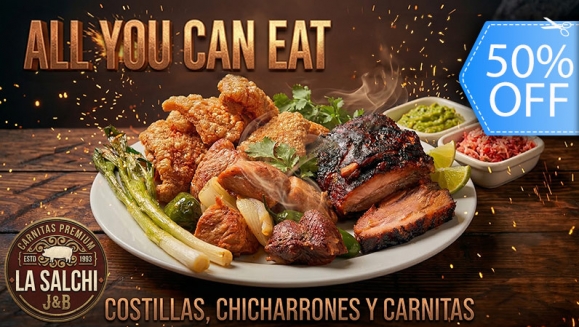 [Image: ¡Fin de Semana de All You Can Eat! ¡Paga Q150 en Lugar de Q300 por Buffet de Exquisitas Delicias Para 1 Persona, Incluye: Chicharrones, Carnitas, Costillas, Chiles Rellenos, Tacos, Acompañamientos y Postres!m]