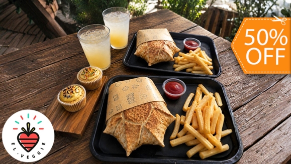 [Image: ¡Una Delicia Vegana que Debes Probar! ¡Paga $11 en Lugar de $22 por 2 Star Wraps Veganos + 2 Ordenes de Papas + 2 Limonadas + 2 Cupcakes!m]