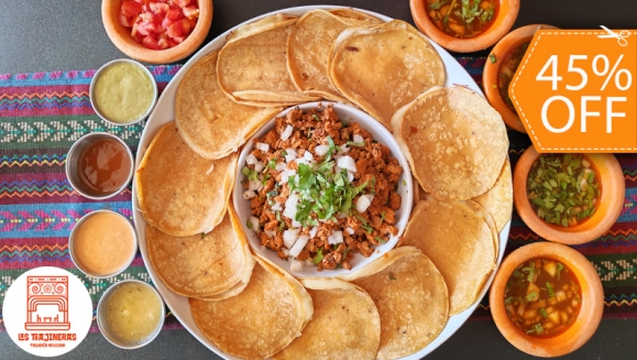 [Image: ¡Antojo Mexicano! ¡Paga $12 en Lugar de $22 por Taquiza Hasta Para 4 Personas que Incluye: 12 Tortillas Dobles con Queso Fundido + 1 Lb de Carne a Elección entre: Pollo, Pastor, Hawaiana o Mixta + Acompañamientos: 4 Caldos de Birria y Salsas!m]