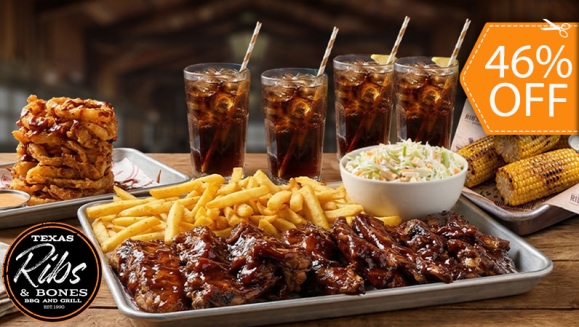 [Image: ¡Banquete Familiar en Ribs &amp; Bones! ¡Paga $42.95 en Lugar de $79.73 Por 4 Libras de Riblets + Acompañamientos: Ensalada de Col, Papas Fritas, Maíz Dulce y Aros de Cebolla + 4 Sodas o Tés de Limón!m]