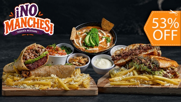 [Image: ¡No Manches, Qué Rico! ¡Paga $12 en Lugar de $25.47 y Disfruta Un Combo Para 2: Escoge entre Burritos o Tortas con Carne a Elección + Papas + Entrada a Elección: Nachos, Esquite o Sopa de Tortilla!m]