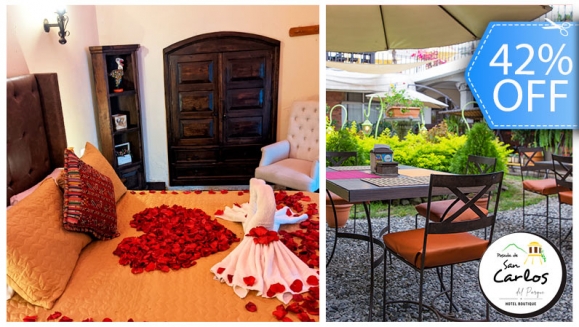 [Image: ¡Paga Q499 en Lugar de Q855 por Estadía Romántica para 2 en Antigua con: 1 Noche de Hospedaje + Decoración con Pétalos de Rosa + Fresas con Chocolate + 1 Botella de Vino Tinto + 2 Desayunos Típicos Chapines + Impuestos Incluidos!m]