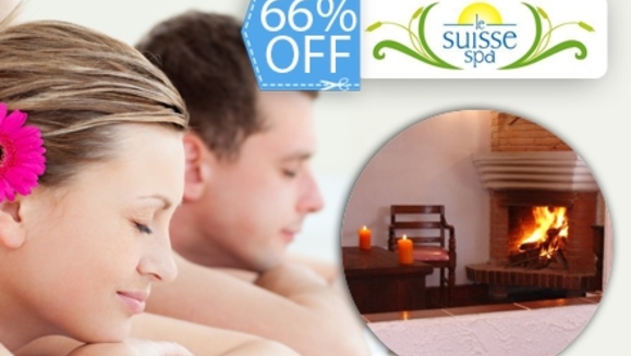 [Image: ¡Paga Q599 en lugar de Q1,765 por Estadía para 2 Personas en Habitación con Chimenea + Botella de Vino + Día de Spa + Uso Ilimitado de Jacuzzi, Sauna, Piscina e Hidroterapia en Le Suisse Spa!m]