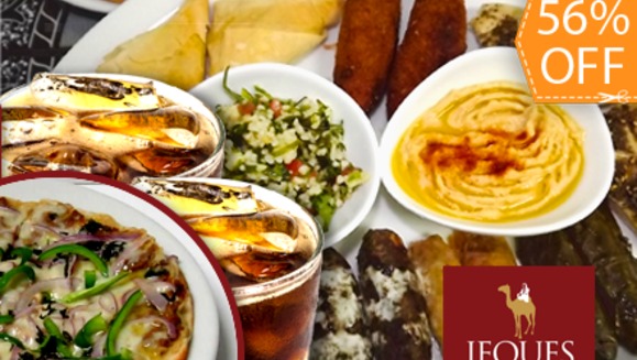 [Image: ¡Paga $15 en vez de $34 por 1/2 Bandeja Jeques: 1 pizza turca +guiso de garbanzos y cordero +2 rellenos de hoja de uva +2 rellenos de repollo +2 kibbeh +2 kebbab de cordero +2 sambuses +hummus +2 Té Helados en Jeques Express!m]