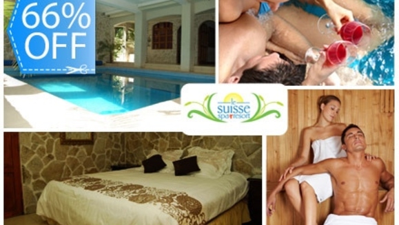 [Image: ¡Paga Q599 en lugar de Q1,765 por Estadía para 2 Personas en Habitación con Chimenea + Botella de Vino + Día de Spa + Uso Ilimitado de Jacuzzi, Sauna, Piscina e Hidroterapia en Le Suisse Spa!m]
