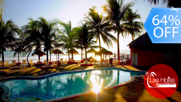 [Imagen:¡Paga Q399 en vez de Q1,119 por Estadía de 1 Noche Hasta para 4 Personas en Bungalow Junior en el Exclusivo Las Hojas Resort Beach and Club en la Costa del Sol, El Salvador!]