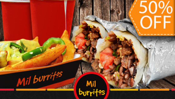 [Image: ¡Paga $8.40 en lugar de $16.80 por 2 Burritos Medianos + 2 Órdenes de Papas Burritas + 2 Sodas Medianas en Mil Burritos!m]