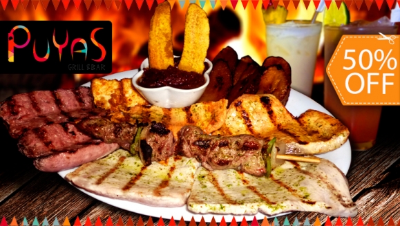 [Image: ¡Paga $12 en vez de $24 por Riquísima Parrillada Especial para 2 con Lomo de Res, Filete de Pollo, Chorizo y más + 2 Bebidas en Restaurante Puyas Grill and Bar!m]
