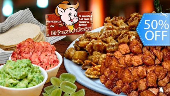 [Image: ¡Paga Q80 en vez de Q160 por 1 Libra de Carnitas o Chicharrones + Guacamole, Rábano, Tortillas, Limón y Picante + 2 Bebidas en El Corral de Porky!m]