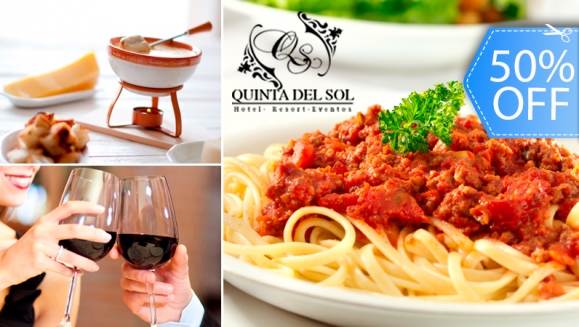 [Image: ¡Paga Q144 en vez de Q288 por 2 Platos de Pastas Premium o Fondue a Elección + Botella de Vino + Postre en Restaurante Quinta del Sol!m]