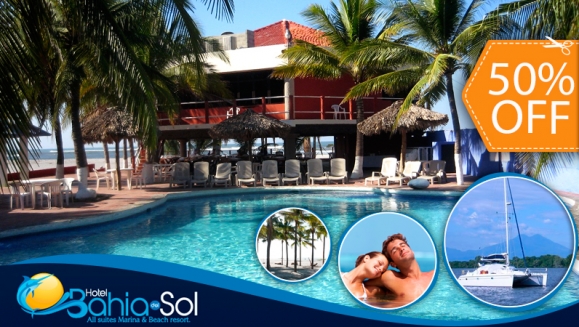 [Image: ¡Paga $59 en vez de $118 por Paquete de Playa a Elección para 2 Adultos y 1 Niño, entre: Estadía de 1 Noche con Desayuno Buffet (A) o Uso de Día, Paseo en Catamarán, Almuerzo y Refill de Bebidas (B) en Hotel Bahía del Sol!m]