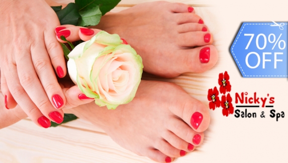 [Image: ¡Paga Q79 en vez de Q260 por Manicure y Pedicure de Chocolate o Naranja + Aplicación de Gelish en Manos y Pies + Depilación de Ceja o Bigote en Nicky's Salón!m]