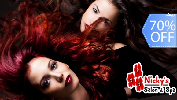 [Image: ¡Paga Q149 en vez de Q500 por Tinte Completo o Mechas Alfaparf + Corte Personalizado + Lavado Spa + Tratamiento Sellador de Puntas + Planchado + Acabado Final + Depilación con cera de Bigote en Nicky's Salon!m]