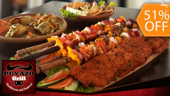 [Image: ¡Paga $25 en lugar de $51.50 por Parrillada de Mariscos para 4 con Lonja, Camarón, Almejas y Calamar + 2 Bebidas en Puyazo Grill!m]