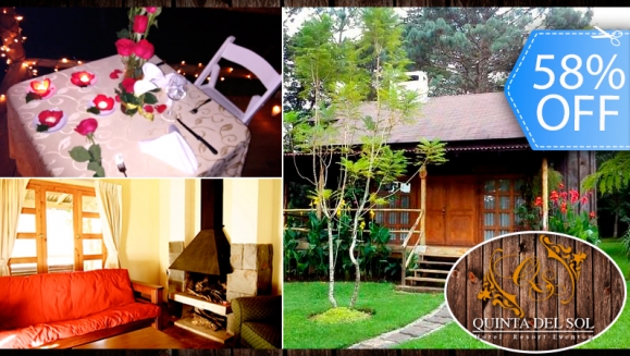 [Image: ¡Inolvidable Estadía Romántica! ¡Paga Q395 en vez de Q935 por Estadía para 2 personas en Cabaña Jr. Equipada con Sala, Chimenea, Balcón y Más + 2 Desayunos + Decoración  Romántica e Impuestos Incluidos en Hotel Quinta del Sol!m]
